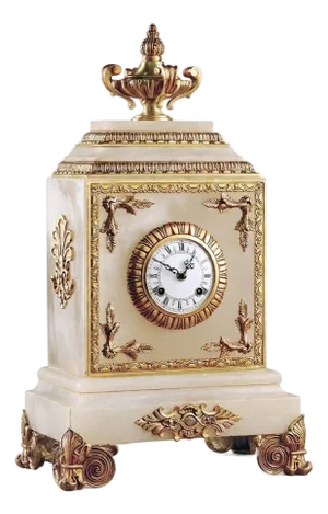 European White Alabaster Mantel Clock With 24k Gold Ormolu & Bim Bam Chime