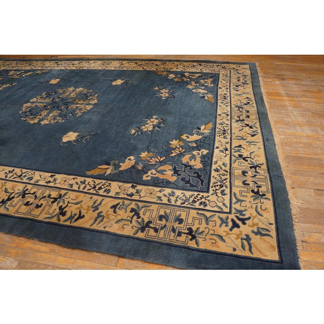 Astonishing Royal Blue Background Color With Pretty Floral-Medallion Design Antique Chinese Rug For Sale - Image 4 of 11