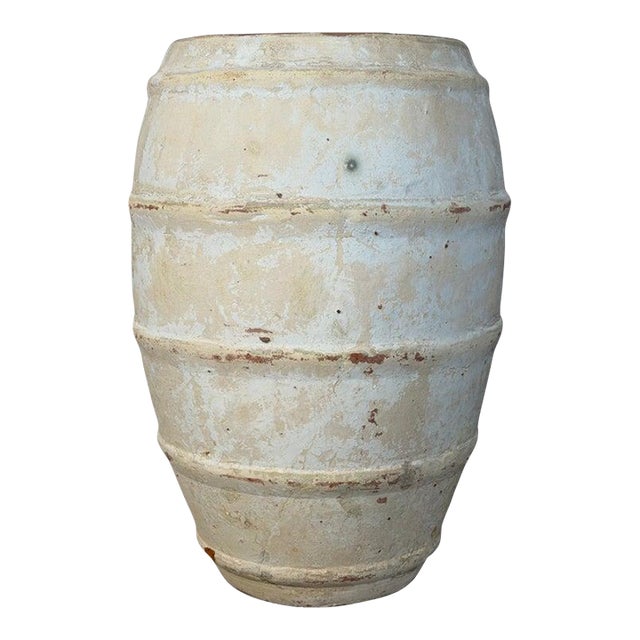 Whitewashed Terracotta Storage Vessel With Ribbed Form For Sale