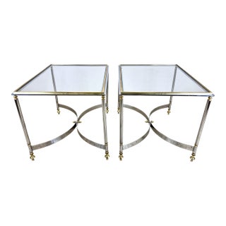Vintage Mid 20th Century Hollywood Regency Brass, Chrome & Glass Italian Side Tables—a Pair For Sale