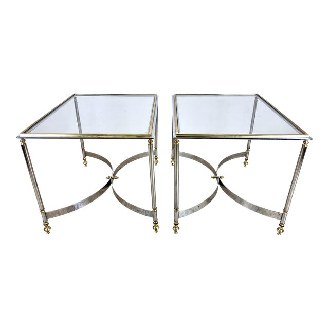 Vintage Mid 20th Century Hollywood Regency Brass, Chrome & Glass Italian Side Tables—a Pair For Sale