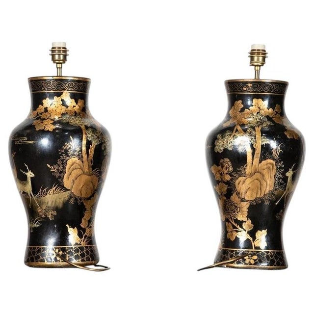 Large English Chinoiserie Papier-Mâché Table Lamps, 1950, Set of 2 For Sale - Image 16 of 16
