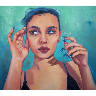 In One Ear, Out the Other by MJ Lindo | Oil on wood panel portrait of a young woman touching her face For Sale