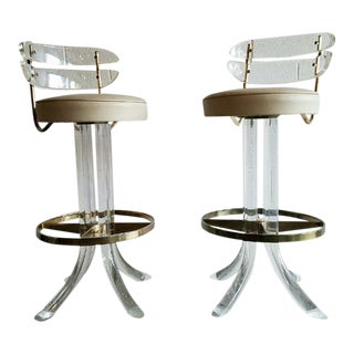 Vintage Lucite & Brass Barstools - A Pair For Sale