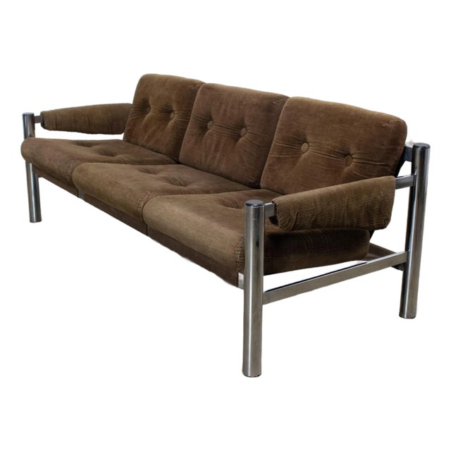 Late 20th Century Modern James David Sling Sofa W/Brown Wide Wale Corduroy Chrome Frame For Sale