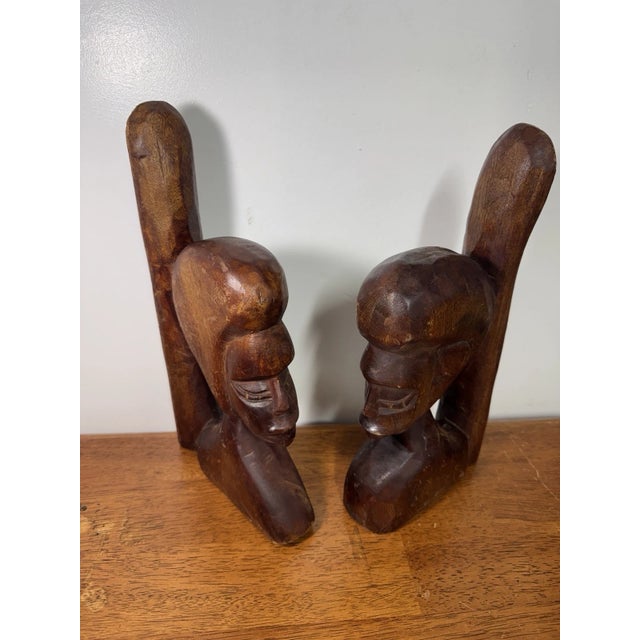 Vintage African Hand Carved Wood Couple Bust Bookends Tribal Folk Art 12" For Sale - Image 4 of 15