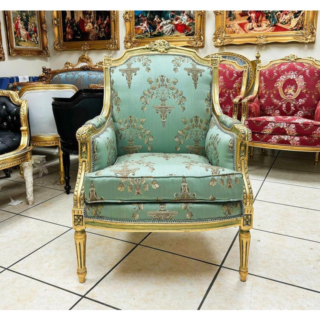 French French Louis XV Bergère Wing Chair – Blue-Green Designer Damask With Gold Details For Sale - Image 3 of 8