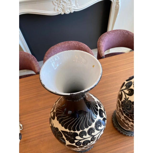 1970s Black and White Painted Ceramic Vases - a Pair For Sale - Image 10 of 11