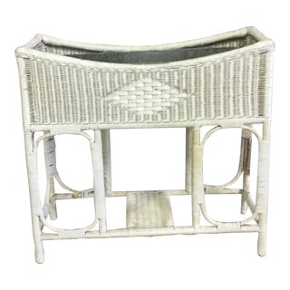 Vintage White Wicker Plant Stand For Sale