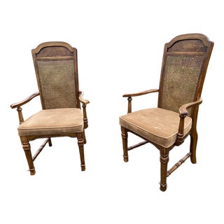 Vintage Mid Century Modern Walnut/Cane High Back Dining Armchairs Set of Two Needs New Upholstery For Sale