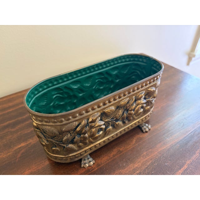 English Brass Repoussé Rose Cachepot With Paw Feet, Mid-20th Century For Sale In South Bend - Image 6 of 11
