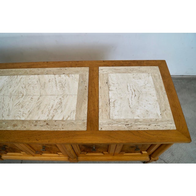 1960’s Hollywood Regency Burl Wood & Travertine Credenza / Low Console Table For Sale - Image 9 of 12