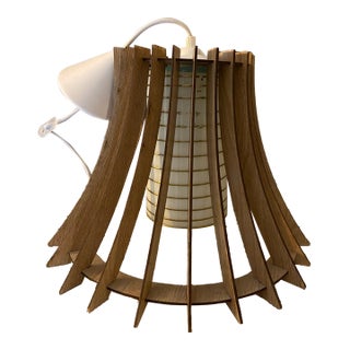 1990s Sculptural Wooden Pendant Light With Gold-Striped Glass Shade – Organic Modern Design For Sale