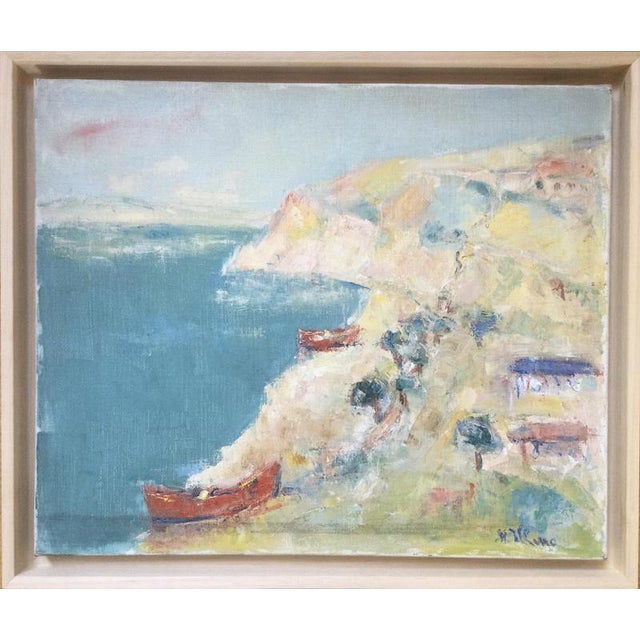 Matilda Ulmu, Cliffs with red boats, 1980, Oil on Canvas For Sale - Image 6 of 6