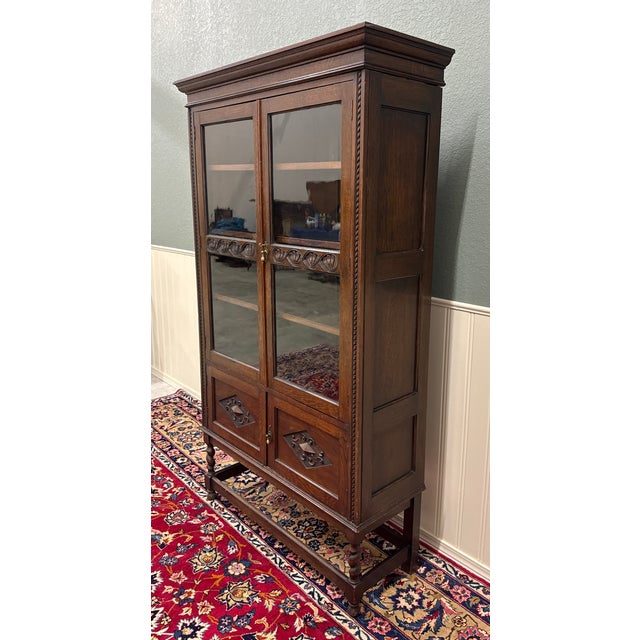 1930s Antique English Bookcase Bookshelf Cabinet Double Door Barley Twist Oak c.1930s For Sale - Image 5 of 17