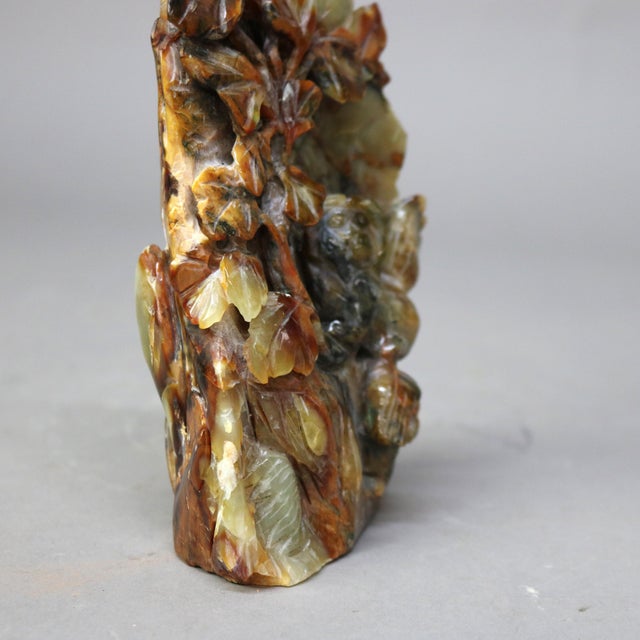 Antique Chinese Figural Carved Emerald Onyx with Fu Dogs &amp; Foliage c1920 Measures- 8" H x 4.5"W x 3"D