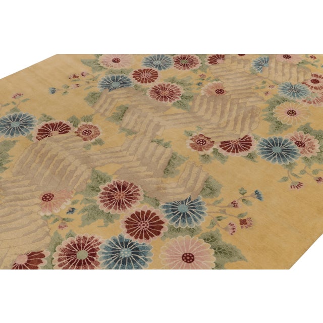 Rug & Kilim Rug & Kilim Chinese Style Art Deco Rug in Gold with Red & Blue Floral Patterns - 12'x15' For Sale - Image 4 of 8