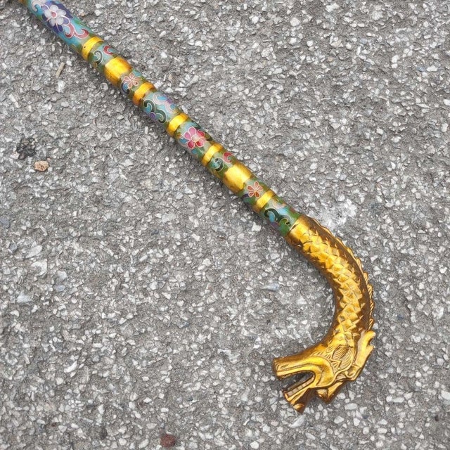 Yellow Vintage Cloisonne Dragon Head Cane - Gilt Enamel Walking Stick For Sale - Image 8 of 9