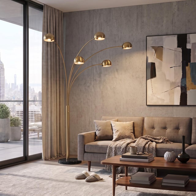NOVA Quinto 92" 5-Arm Mushroom Arc Floor Lamp - Weathered Brass Steel, Black Marble Base, Dimmable Dome Shades, Modern...