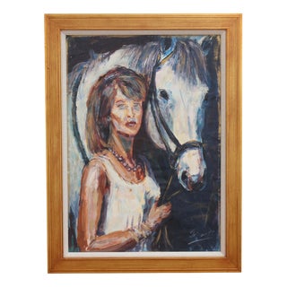 French School, Portrait of a Woman and Her Horse, 1988, Oil on Board, Framed For Sale