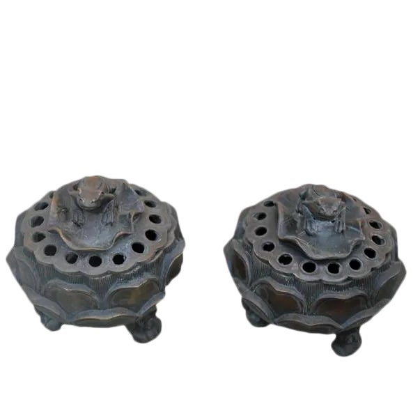 Incense Burners With Carved Frog Lids - a Pair For Sale