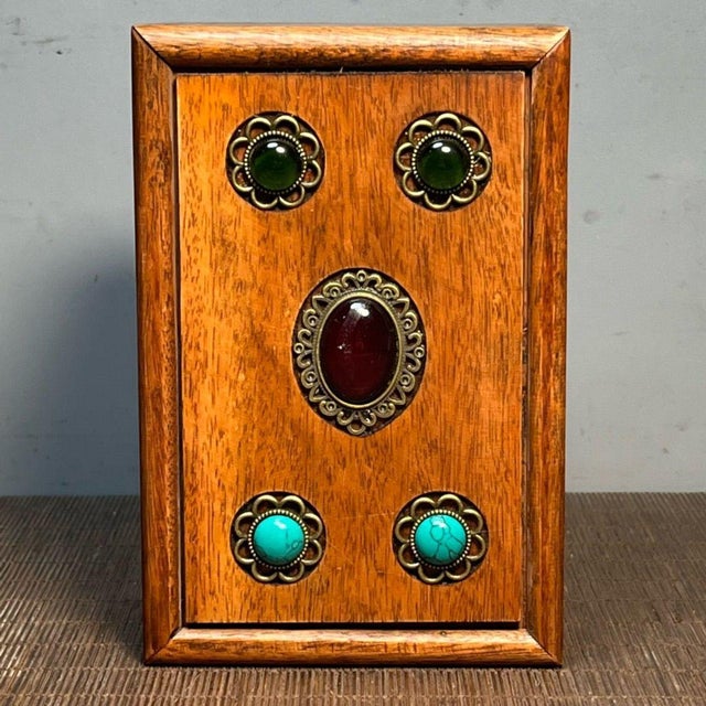Asian Vintage Rosewood & Gemstone Inlaid Treasure Box / Jewelry Organizer With Drawer For Sale - Image 3 of 9