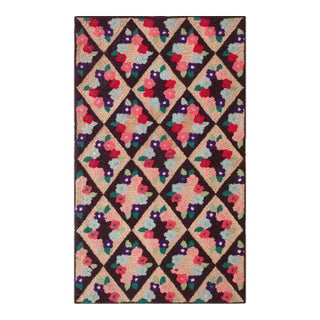 1930s Multicolor Diamond Folk at Antique American Hooked Rug 2'4" X 3'3" Handknotted Wool Carpet For Sale