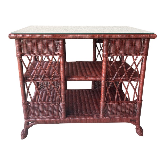 Circa 2000 Henry Link “Smithsonian Collection” Rattan Console Table With Removable 5mm Glass Top For Sale