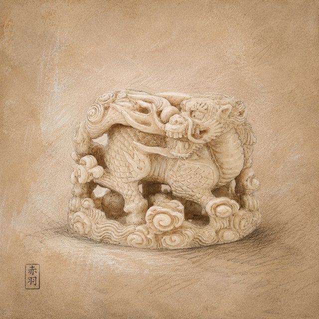 Paper Japanese Edo Netsuke Archive Tadelakt Texture 8 by 8 Square Gallery Board Prints Set of 6 For Sale - Image 7 of 17