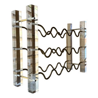 Hollywood Regency Acryllic Glass and Brass Sinuous Wave Wine Rack, 1970s For Sale