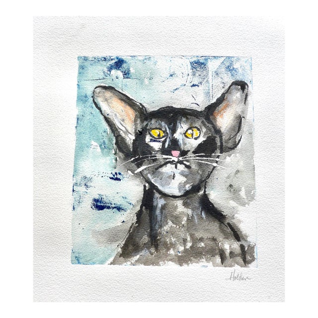 Martha Holden "Blue Kitty" Monotype and Pastel on Paper For Sale