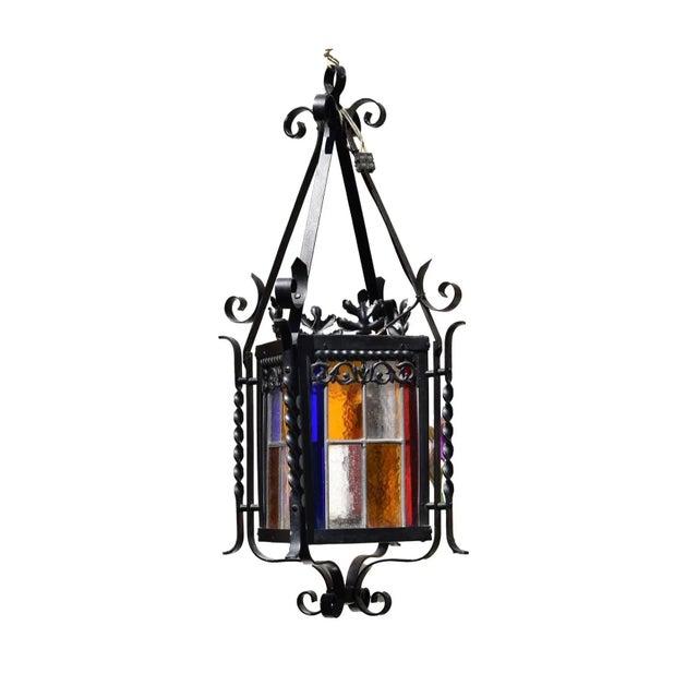 Antique Black Wrought Iron and Stained Glass Lantern, France, 1940s For Sale - Image 10 of 11