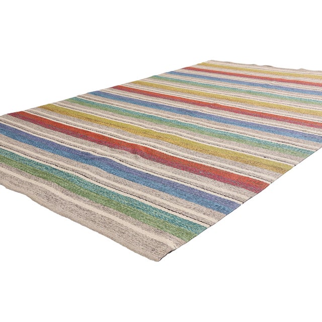79395 Vintage Swedish Rollakan Rug, 05'02 x 08'01. The Aurora Stripe Reverie: A Swedish Rollakan Masterpiece of Nordic...