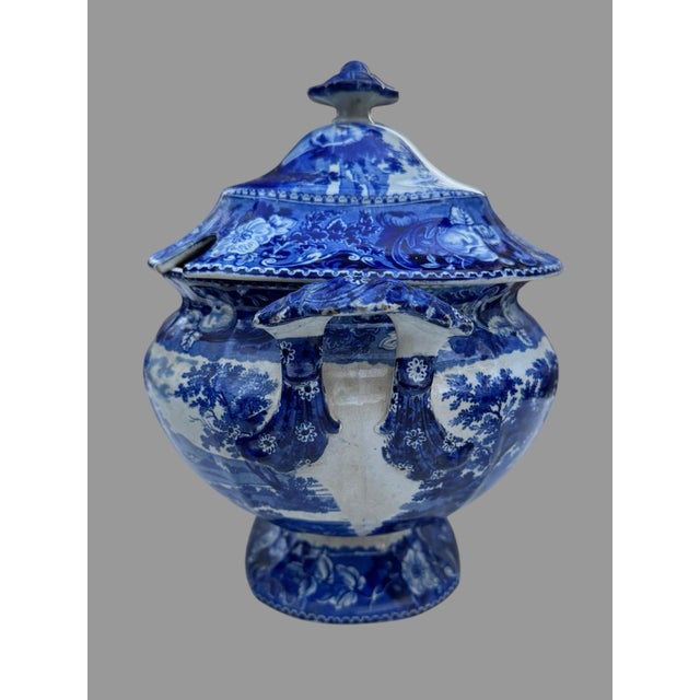 Antique Staffordshire Blue White Transferware Covered Soup Tureen Pastoral Scene For Sale - Image 4 of 9