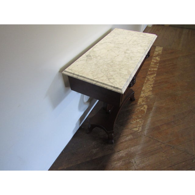 Item 86455: Kimball Victorian style marble top console table. Age: 1970's. Details: Removeable marble top and dovetailed...