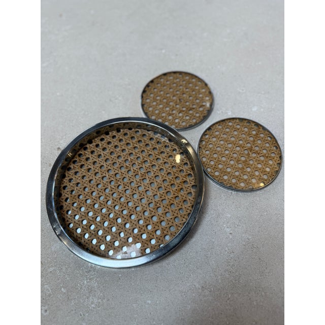 Italian Vintage Chrome and Cane Tray With Matching Coasters, 1970s For Sale - Image 3 of 7