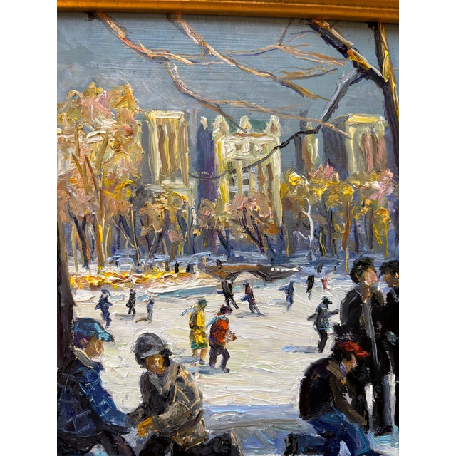 Christopher Willett, "Ice Skating in Central Park" Oil on Masonite For Sale - Image 4 of 5