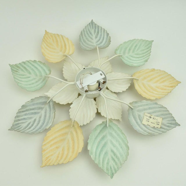 Vintage Pastel Flush Mount or Wall Sconce Leafs Green Peach Light Blue | Mid Century Hollywood Regency Ceiling Lamp Toleware Retro 1980s For Sale - Image 9 of 10