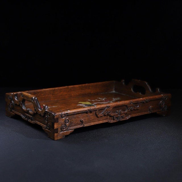 Wood Vintage Hardwood Tray With Mother-of-Pearl Bird and Floral Inlay For Sale - Image 7 of 9