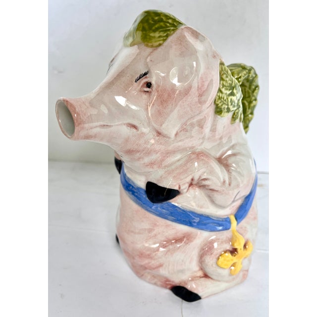 Vintage 1980s Italian Majolica Hand Painted Ceramic Monk Pig Pitcher For Sale - Image 10 of 13