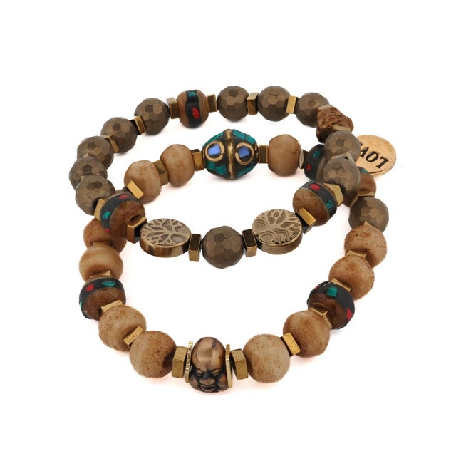Gemstone Boho Soul Nepal Meditation & Buddha Bead Bracelet Set For Sale - Image 7 of 9