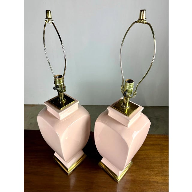 Light Pink Vintage 1980’s Deco Moderne Ceramic and Brass Ginger Jar Urn Lamps in Light Coral by Sunset Lamp Corp For Sale - Image 8 of 13