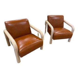 Pair of 1970s Leather and Lime Oak Armchairs Possibly French For Sale