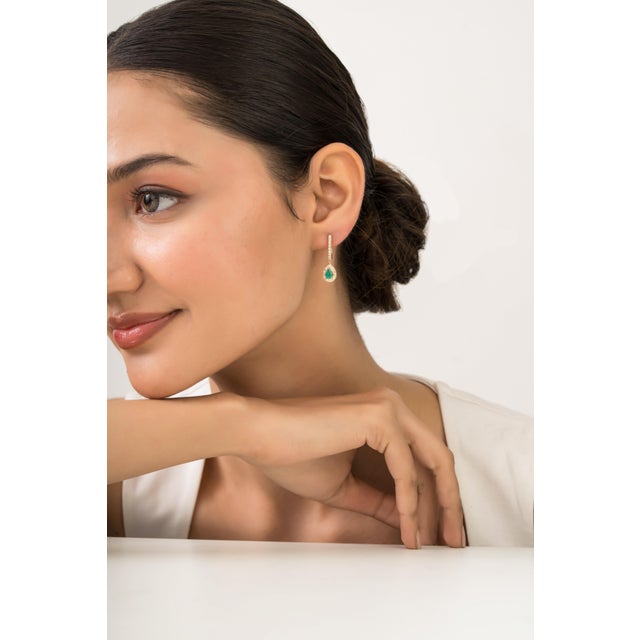 Contemporary Art Deco Emerald & Diamond Halo Drop Leverback Earrings in 14k Gold- 2 Pieces For Sale - Image 3 of 11