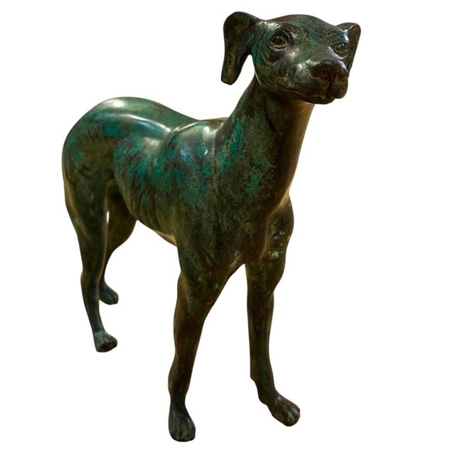 Large mid-century hollow cast bronze greyhound sculpture with a beautifully aged verdigris patina. The elegant,...