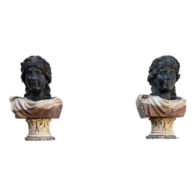 Mid-Century Half-Busts in Belgian Black Marble, 1930s, Set of 2 For Sale