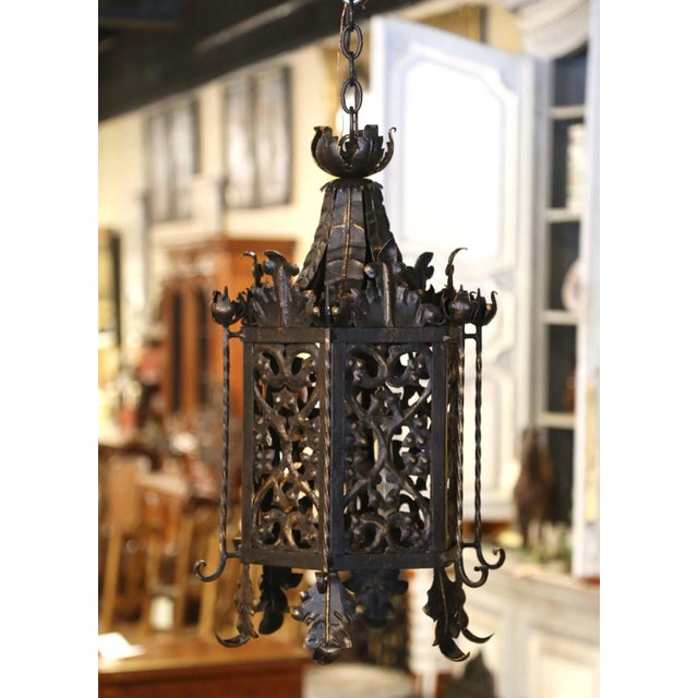 French 19th Century French Gothic Black and Gilt Iron Three-Light Hexagon Lantern For Sale - Image 3 of 8