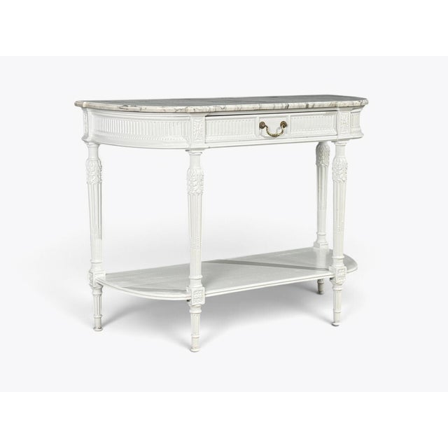 Louis XVI Style, White Demilune Console Table, Wood, Marble, France, 1960s For Sale - Image 12 of 15