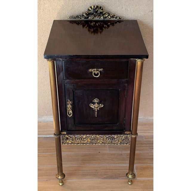 French Ebonized Mahogany Nightstands With Fluted Bronze Columns - a Pair For Sale - Image 4 of 13