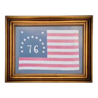 Real Vintage American Revolutionary Flag Bicentennial 13 Star Cotton in Gilt Antique Frame For Sale